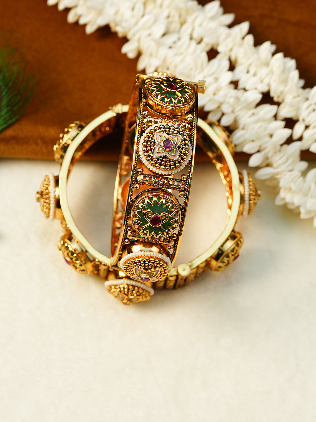Aanura Gold Plated Antique Motif Stone Bangle