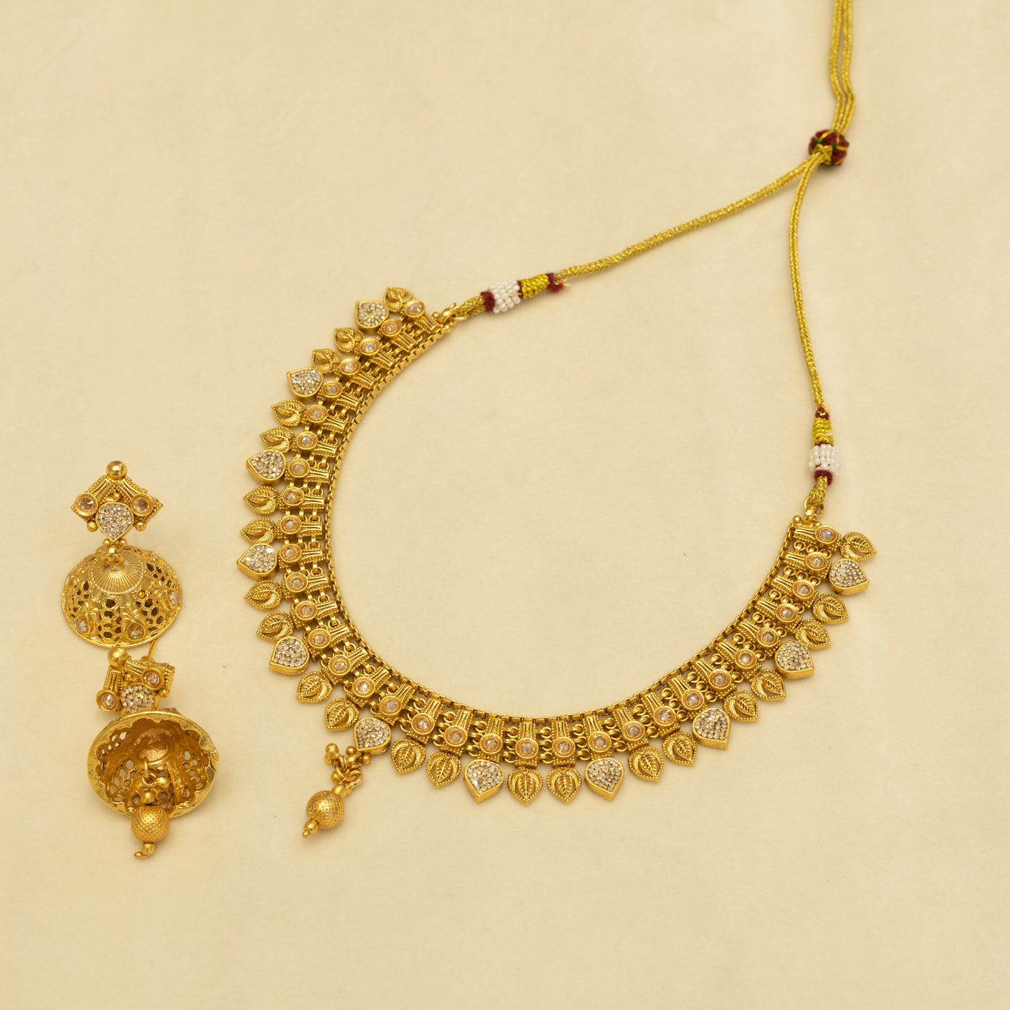 Aanura Antique Gold Choker Necklace with Drop Earrings