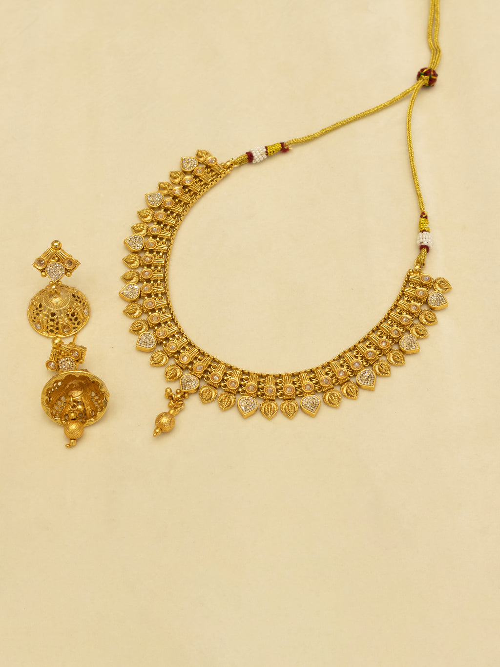 Aanura Antique Gold Choker Necklace with Drop Earrings