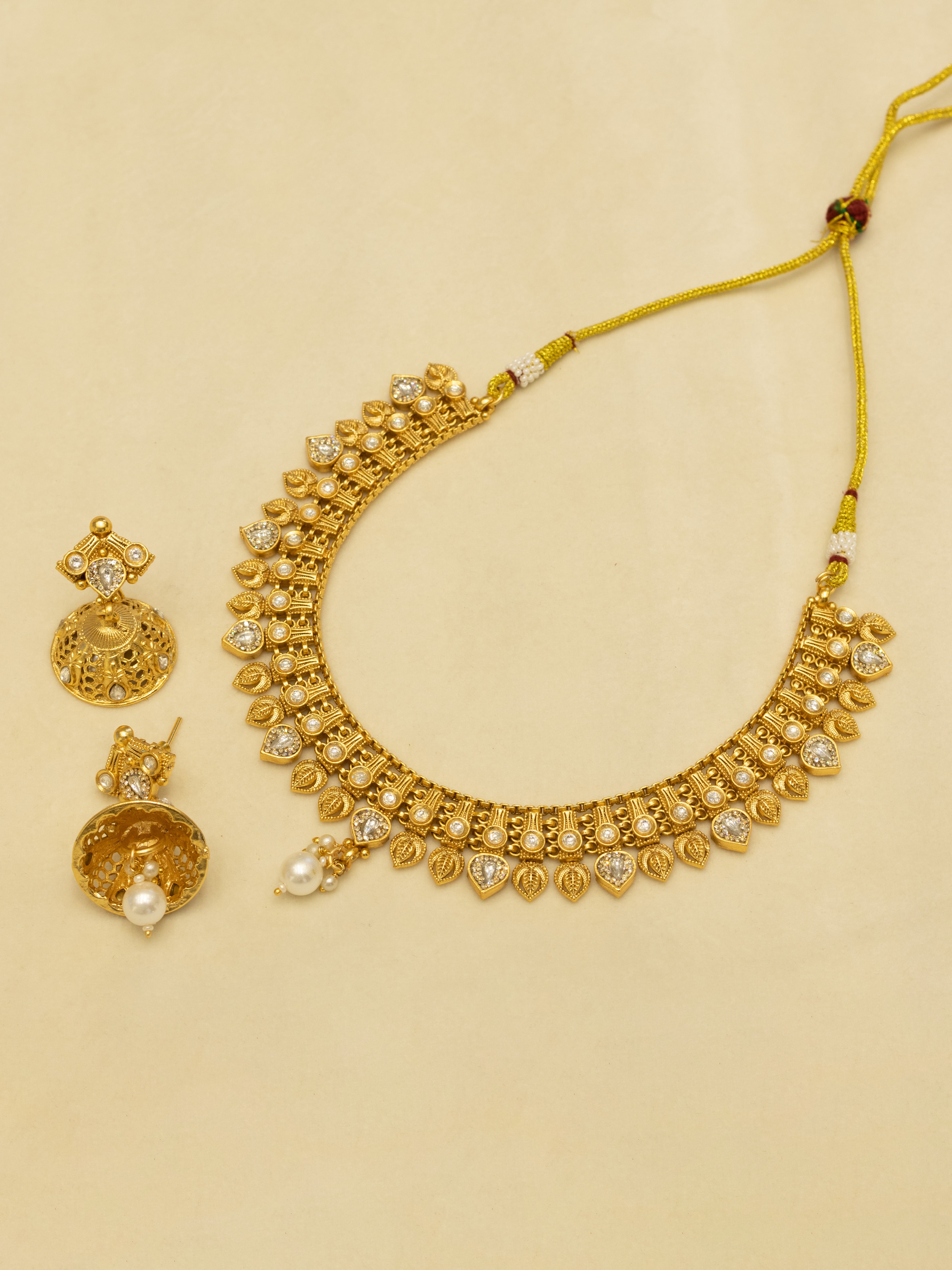 Aanura Antique Gold Choker Necklace with Drop Earrings