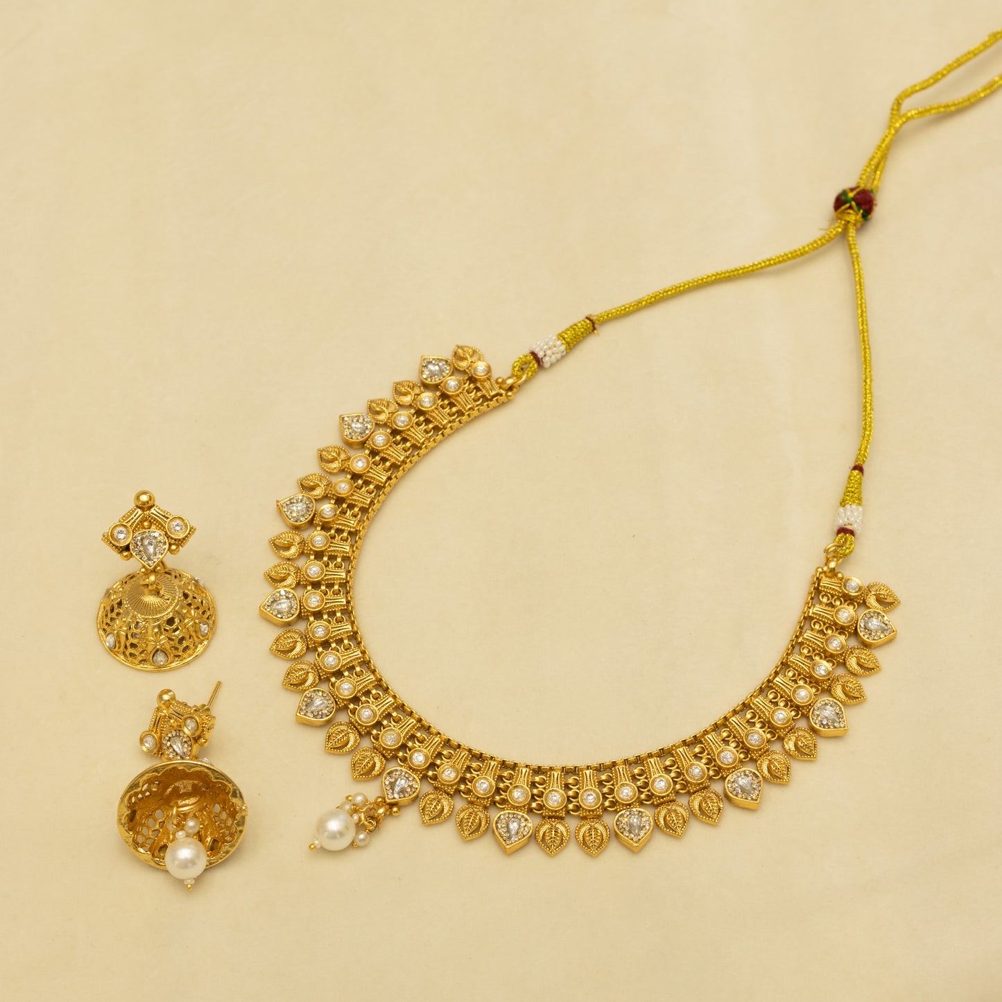 Aanura Antique Gold Choker Necklace with Drop Earrings