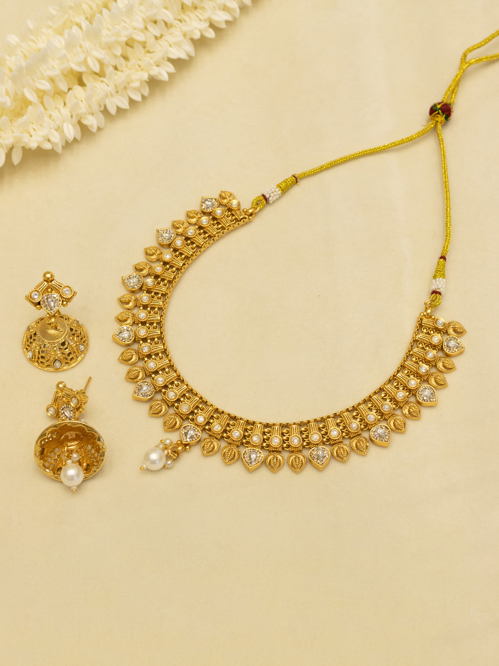Aanura Antique Gold Choker Necklace with Drop Earrings