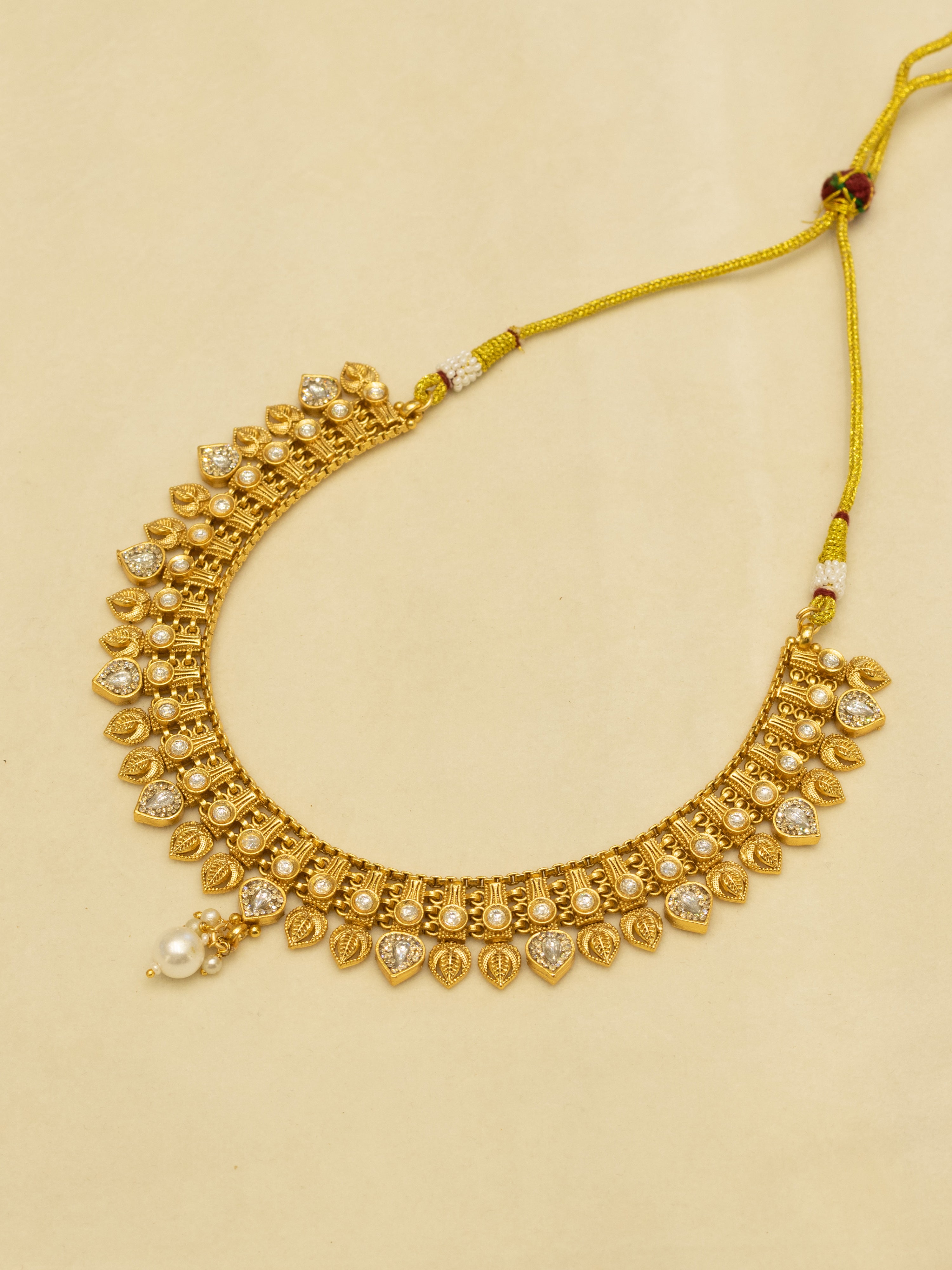 Aanura Antique Gold Choker Necklace with Drop Earrings