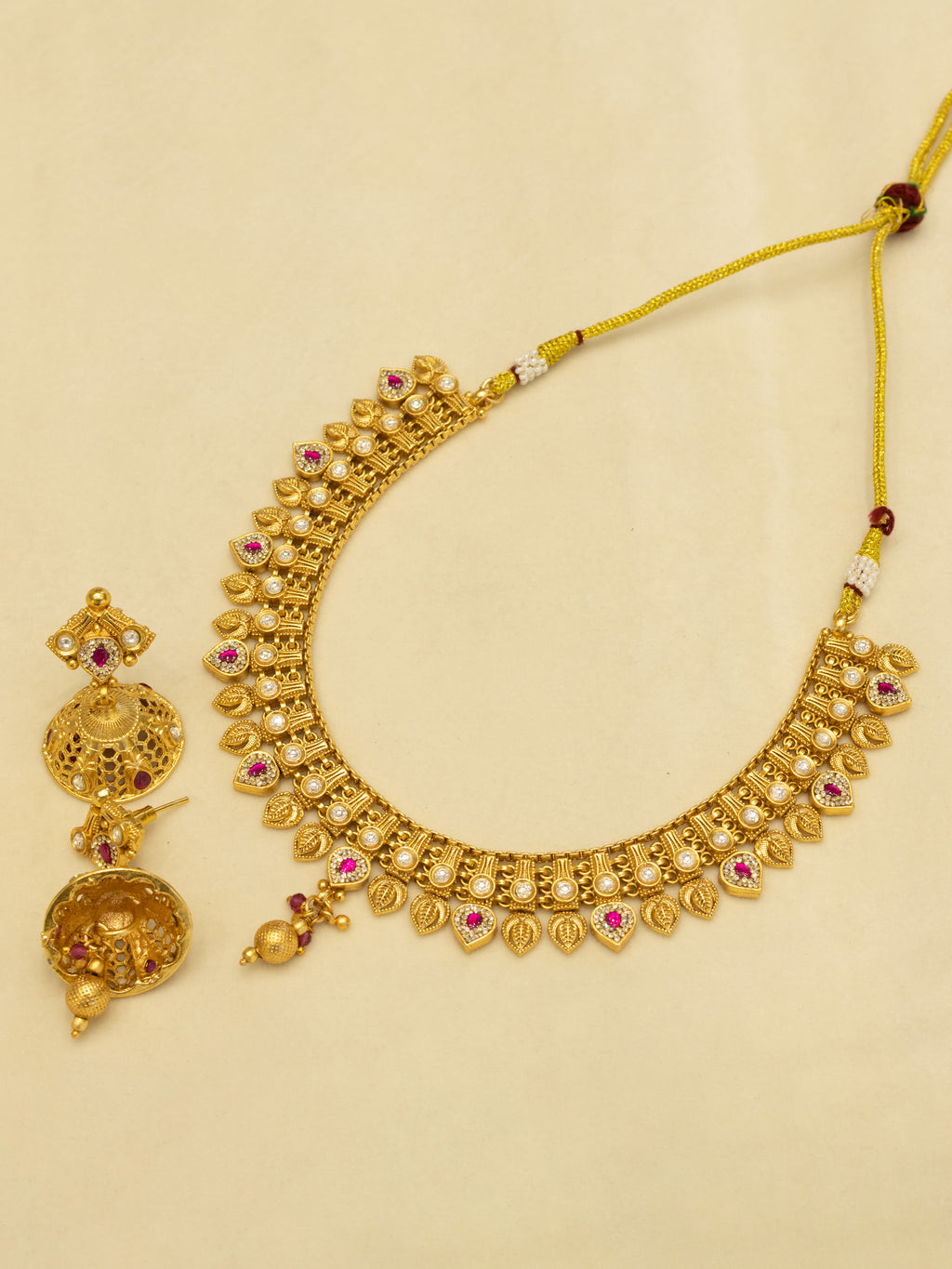 Aanura Antique Gold Choker Necklace with Drop Earrings