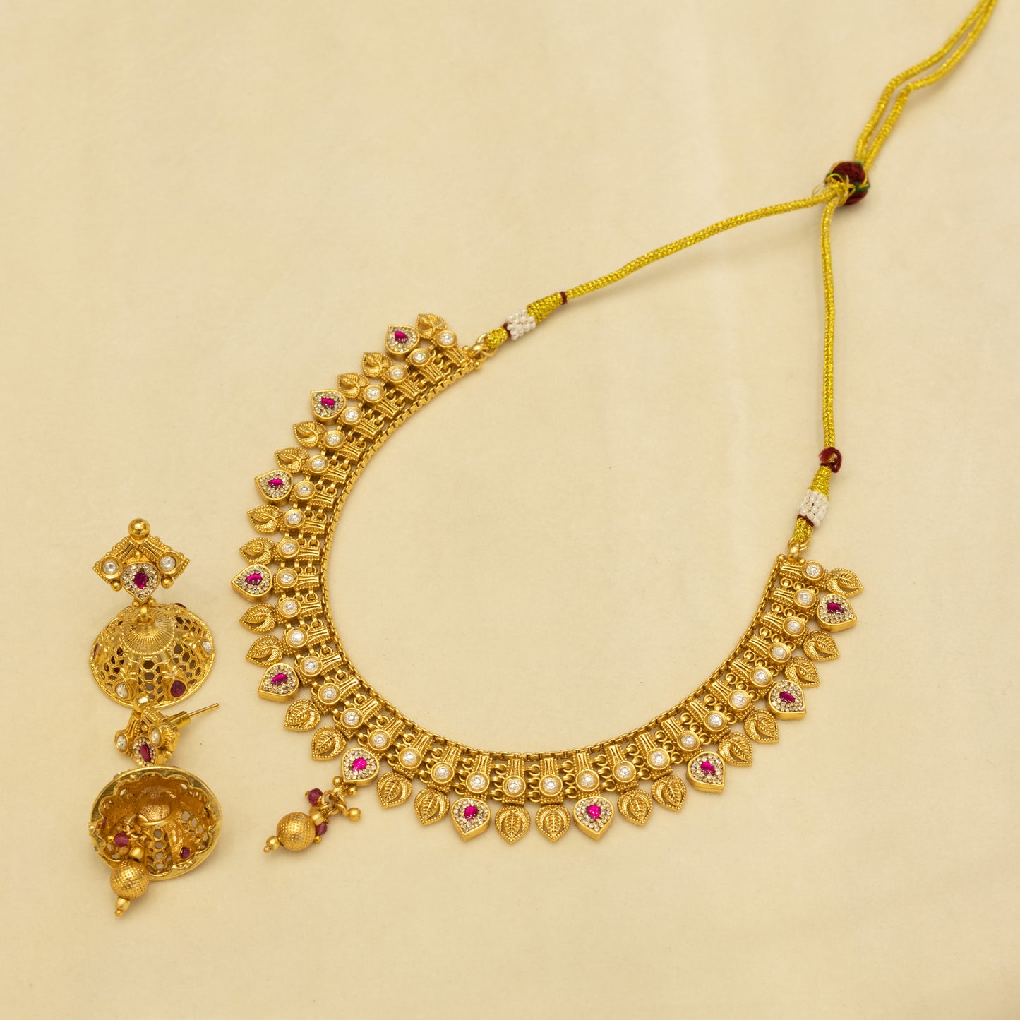 Aanura Antique Gold Choker Necklace with Drop Earrings