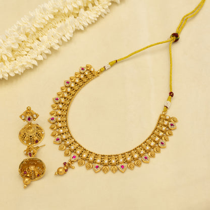 Aanura Antique Gold Choker Necklace with Drop Earrings