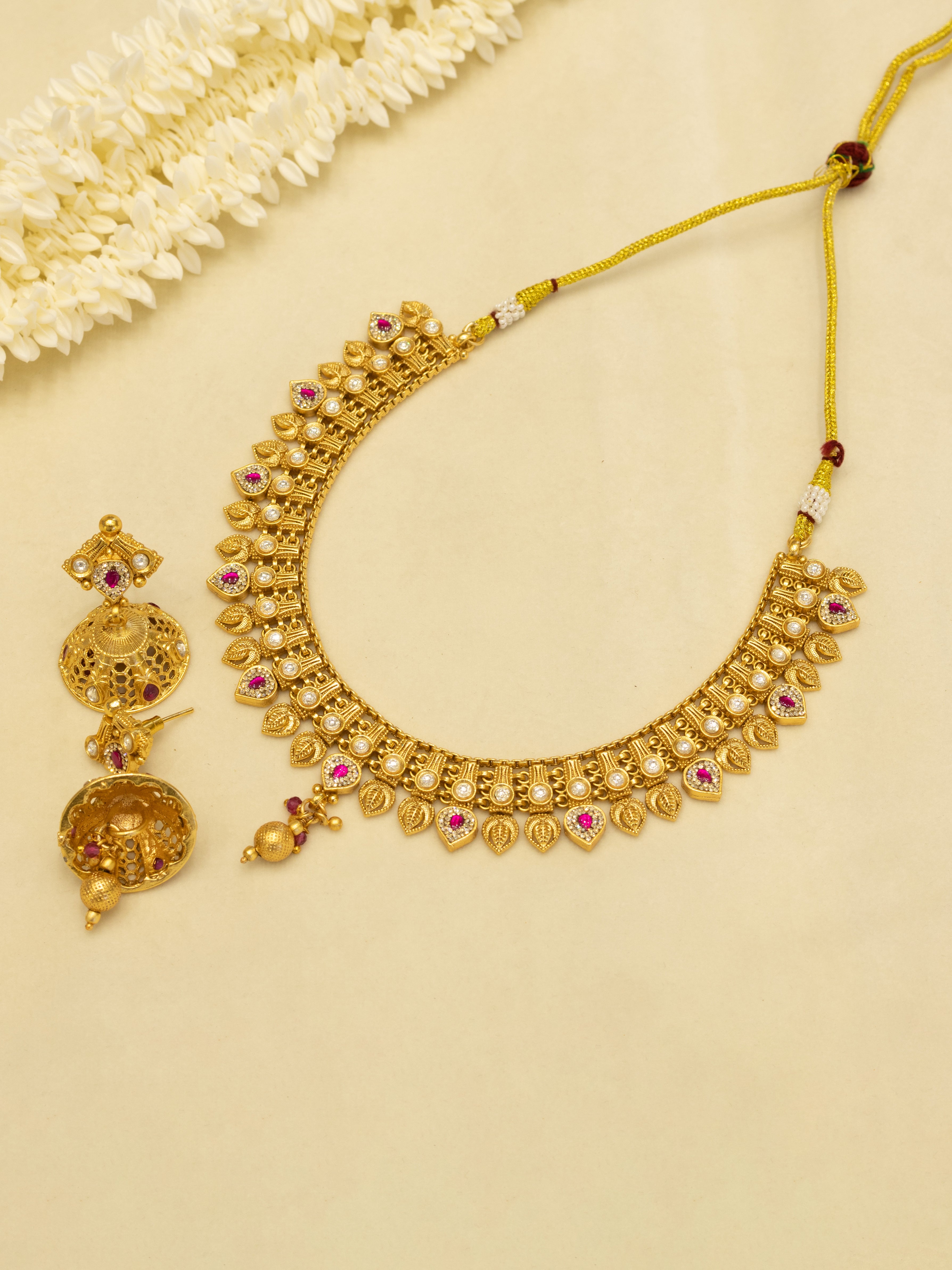 Aanura Antique Gold Choker Necklace with Drop Earrings