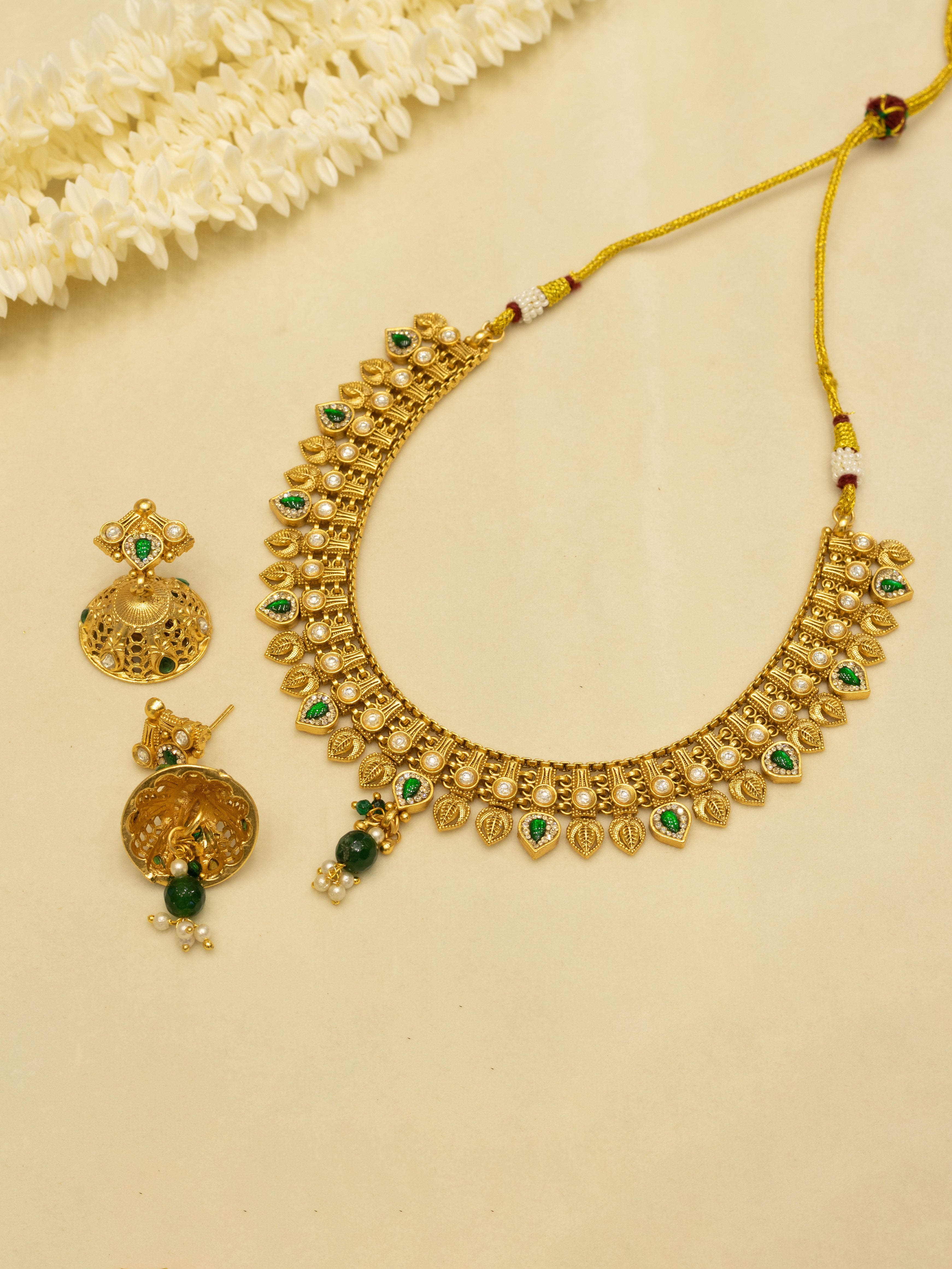 Aanura Antique Gold Choker Necklace with Drop Earrings
