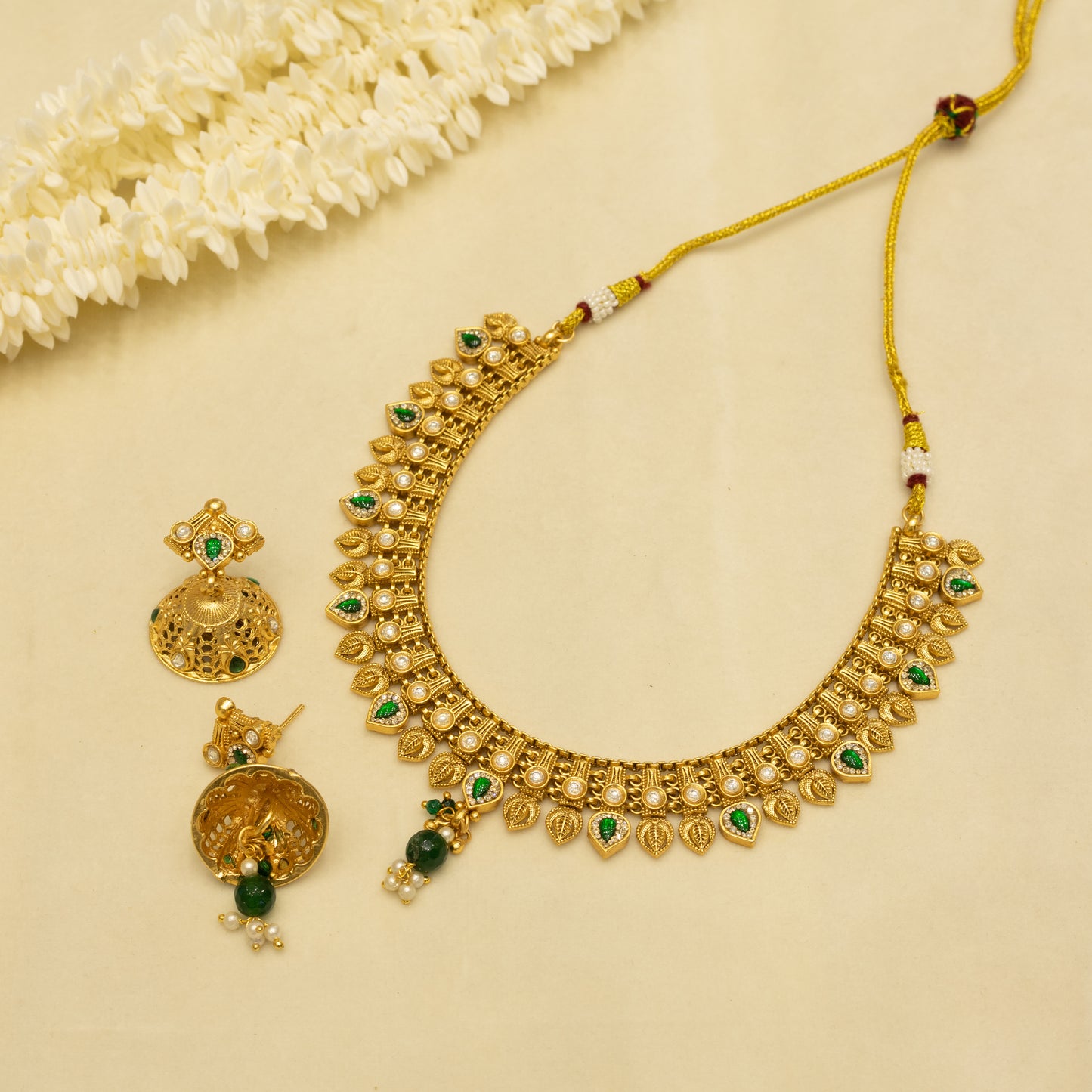 Aanura Antique Gold Choker Necklace with Drop Earrings