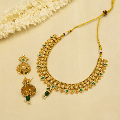 Aanura Antique Gold Choker Necklace with Drop Earrings