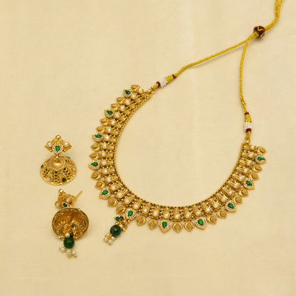 Aanura Antique Gold Choker Necklace with Drop Earrings