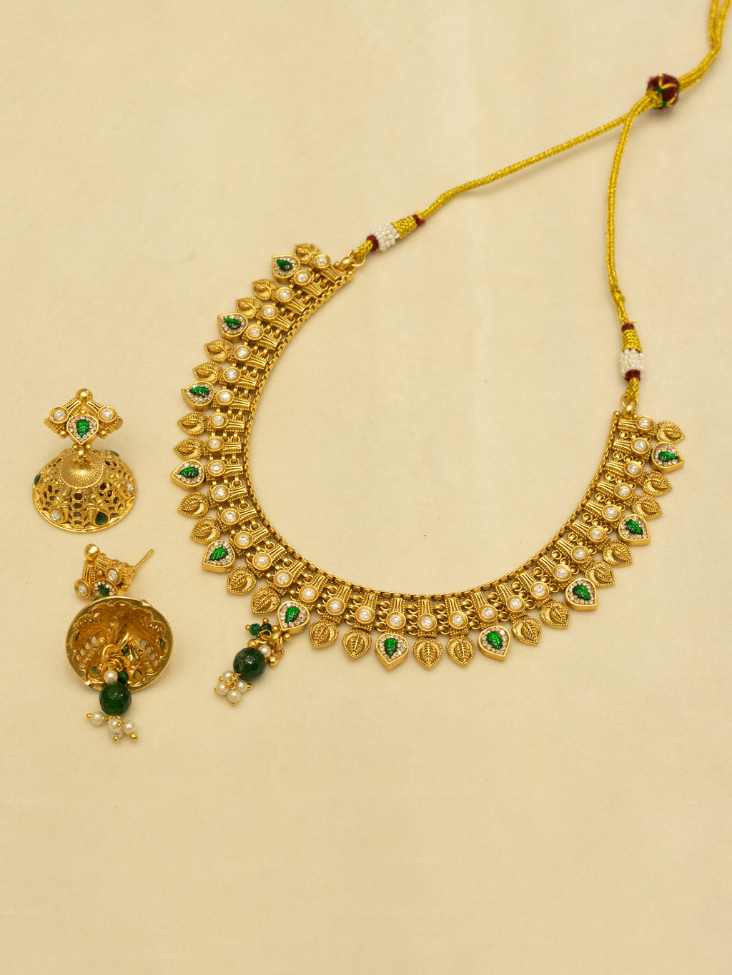 Aanura Antique Gold Choker Necklace with Drop Earrings