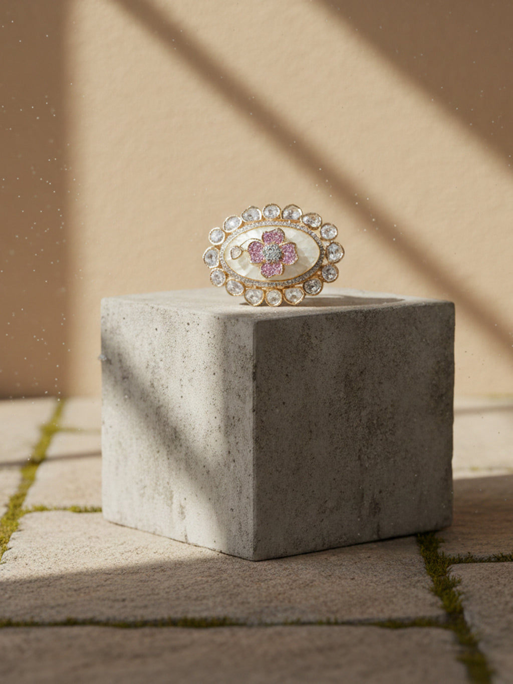 Aanura Gold-Plated Floral Oval Ring with Stones