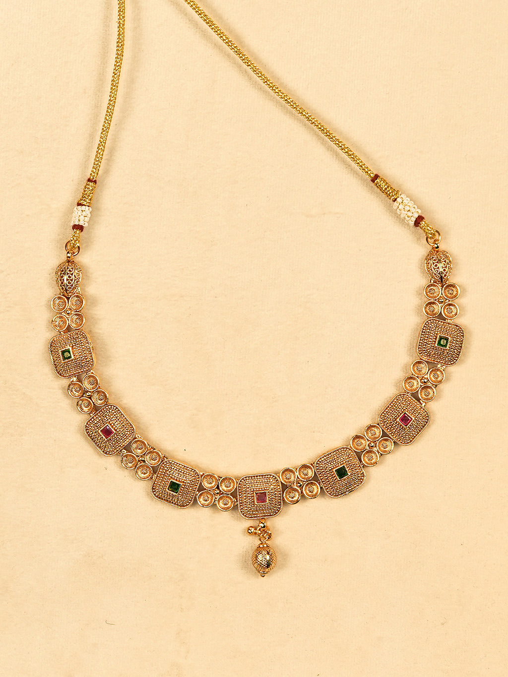 Aanura Gold Plated Ruby Grid Necklace Set