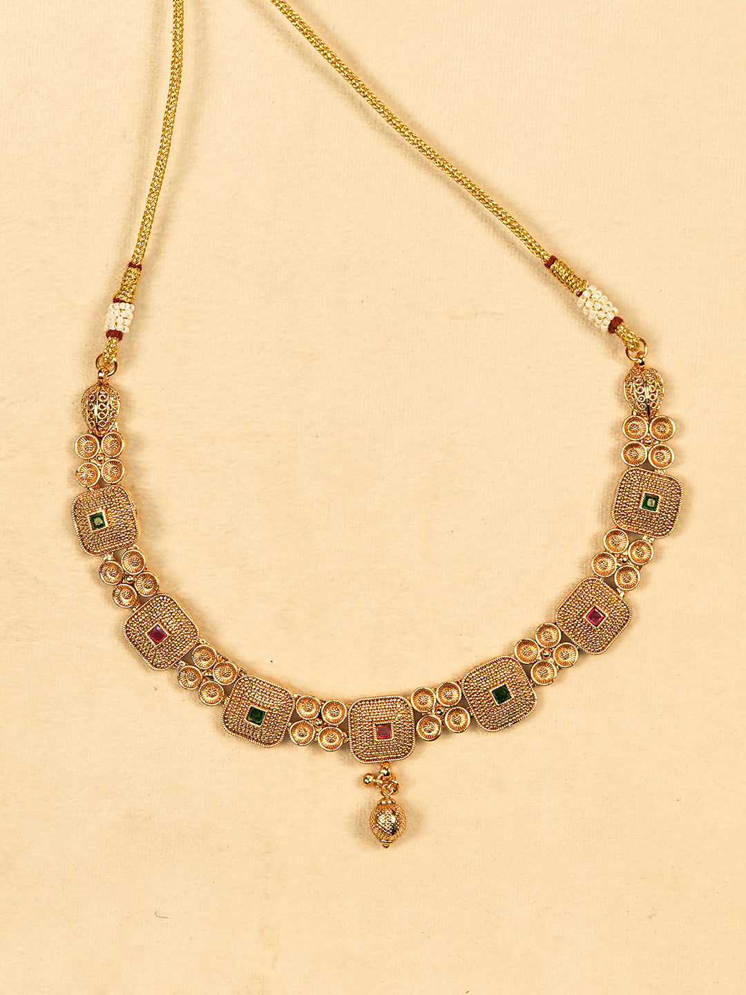 Aanura Gold Plated Ruby Grid Necklace Set
