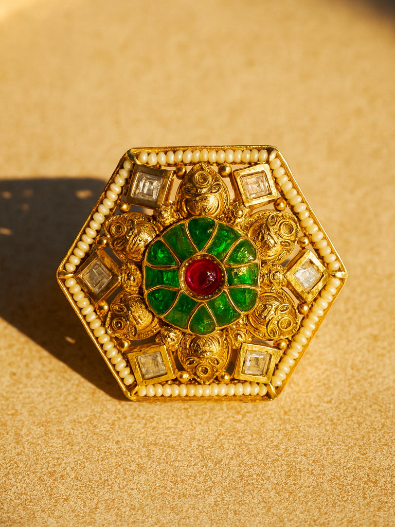 Aanura Gold-Plated Hexagon Green & Ruby Statement Ring