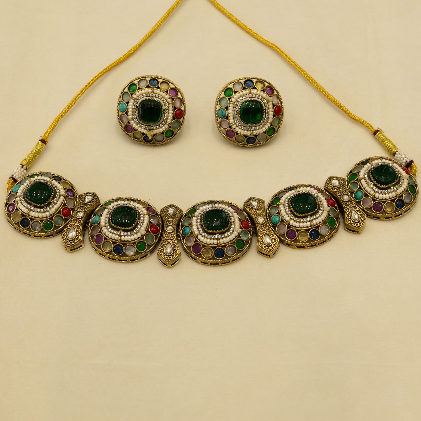 Aanura Navratna Choker Necklace with Green Center Stones