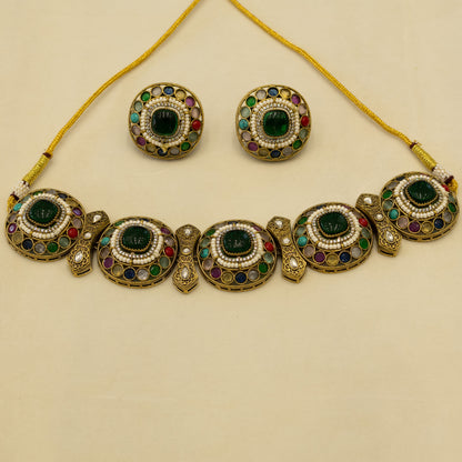 Aanura Navratna Choker Necklace with Green Center Stones