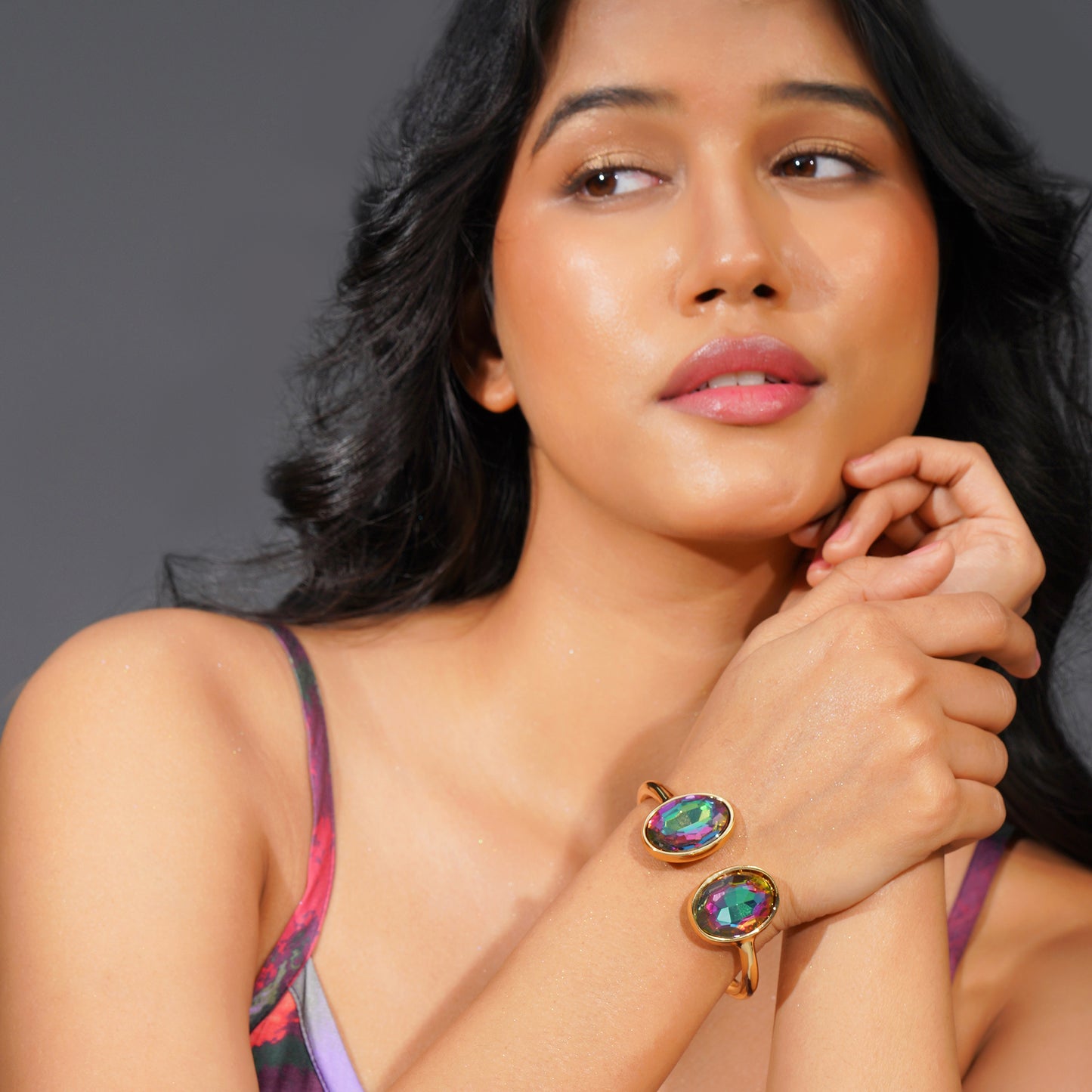 Aanura Gold Stainless Steel Dual-Stone Bangle Bracelet