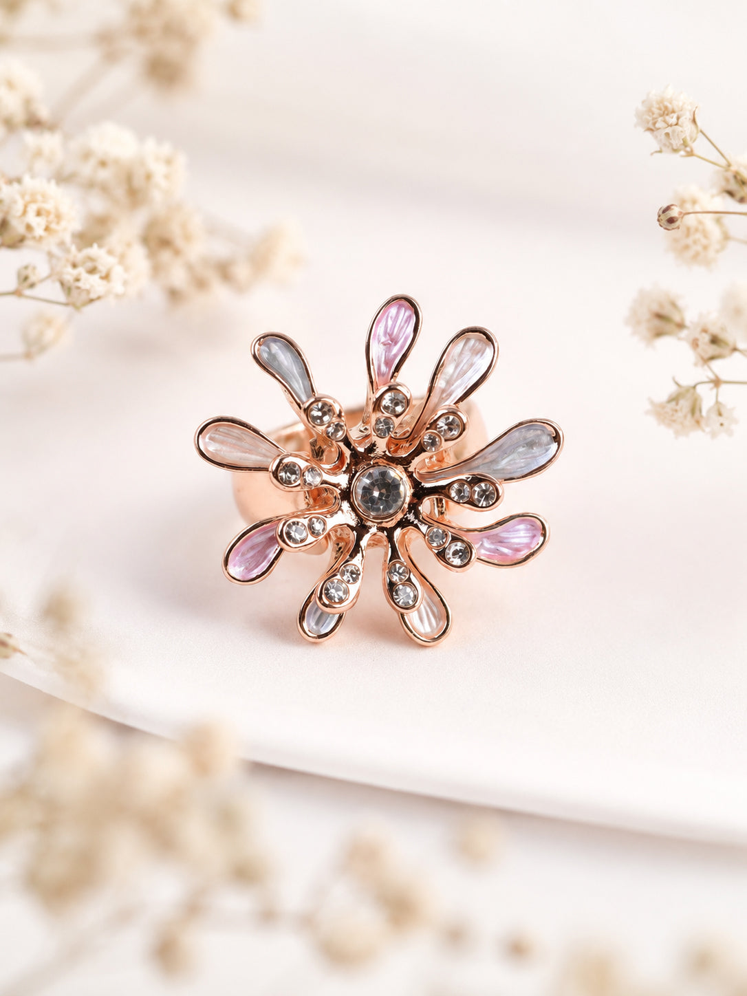 Aanura Gold Multicolor Floral Crystal Statement Ring