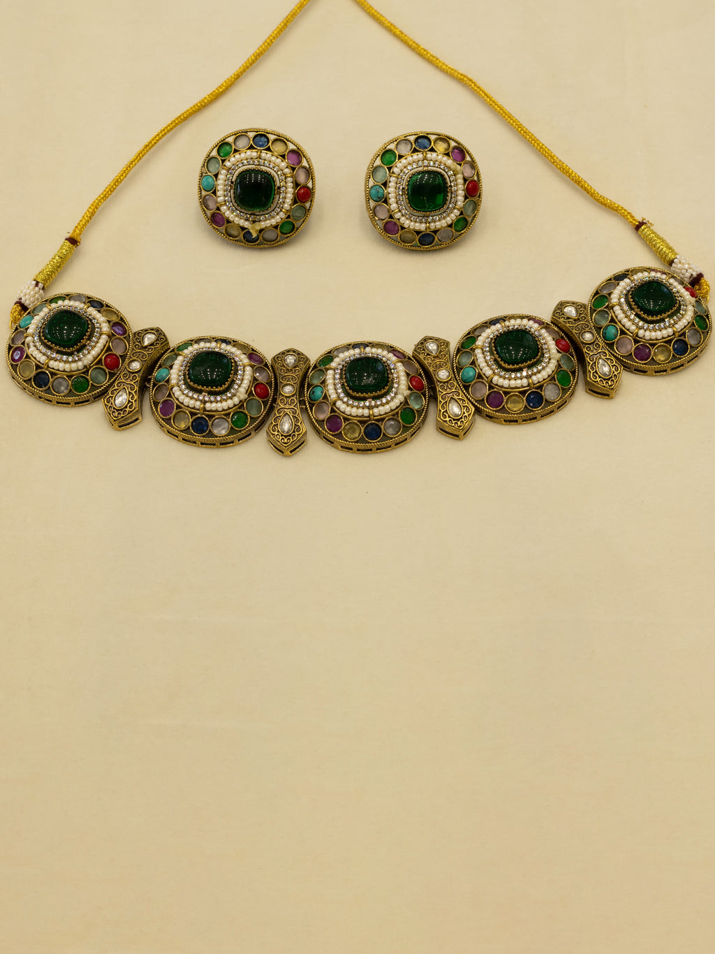 Aanura Navratna Choker Necklace with Green Center Stones