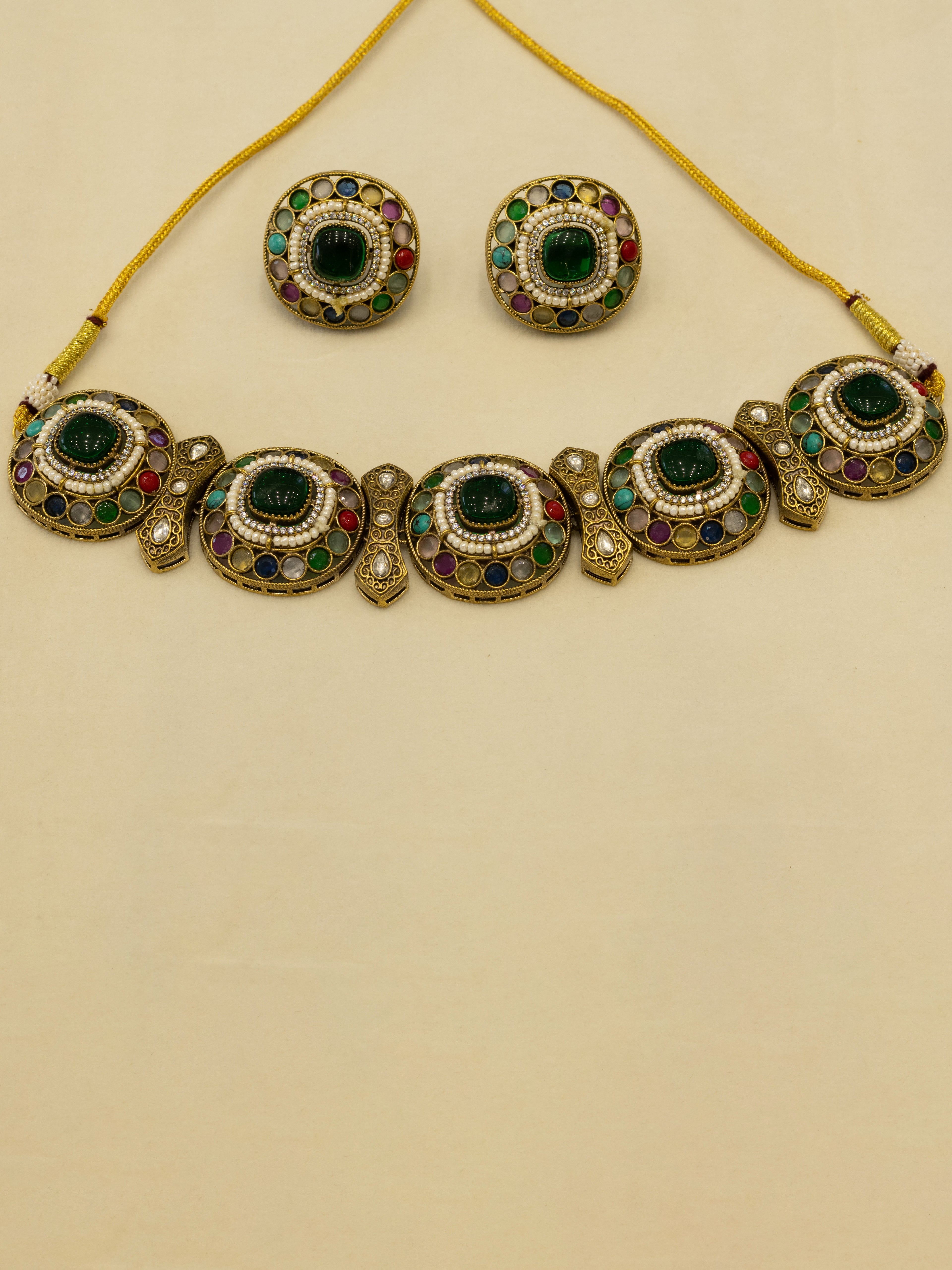 Aanura Navratna Choker Necklace with Green Center Stones