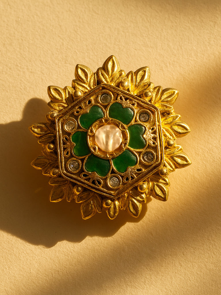 Aanura Gold-Plated Hexagon Green Floral Ring
