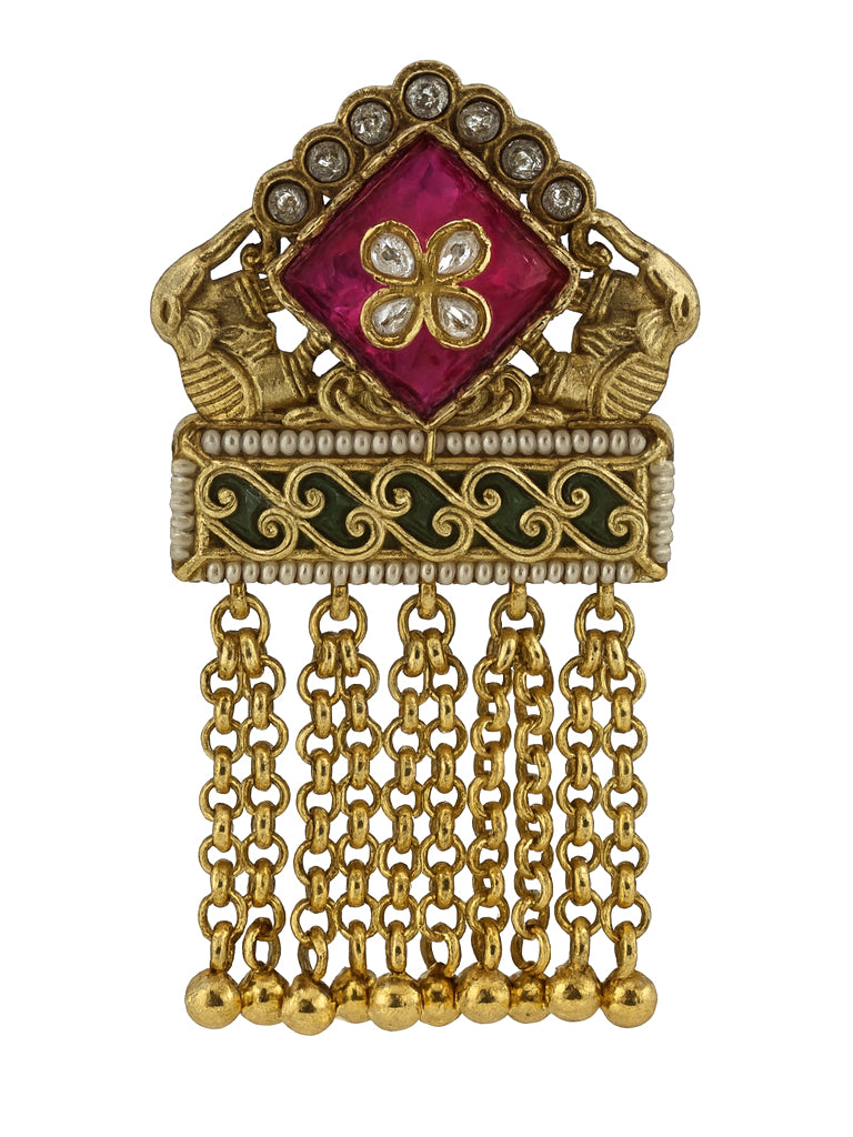 Aanura Gold-Plated Green Kundan Tassel Ring