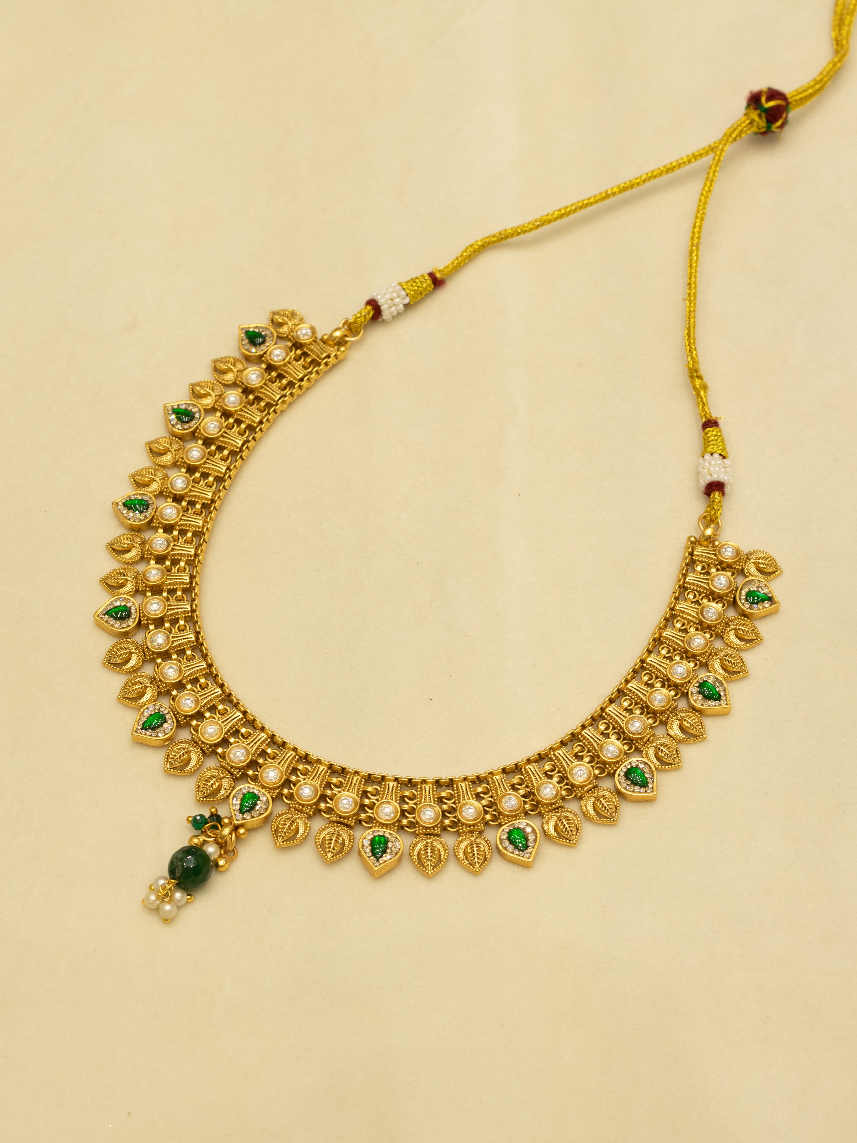 Aanura Antique Gold Choker Necklace with Drop Earrings