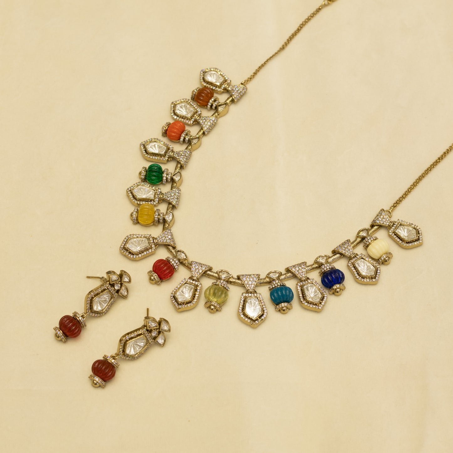 Aanura Silver-Plated Navratna Necklace & Earrings