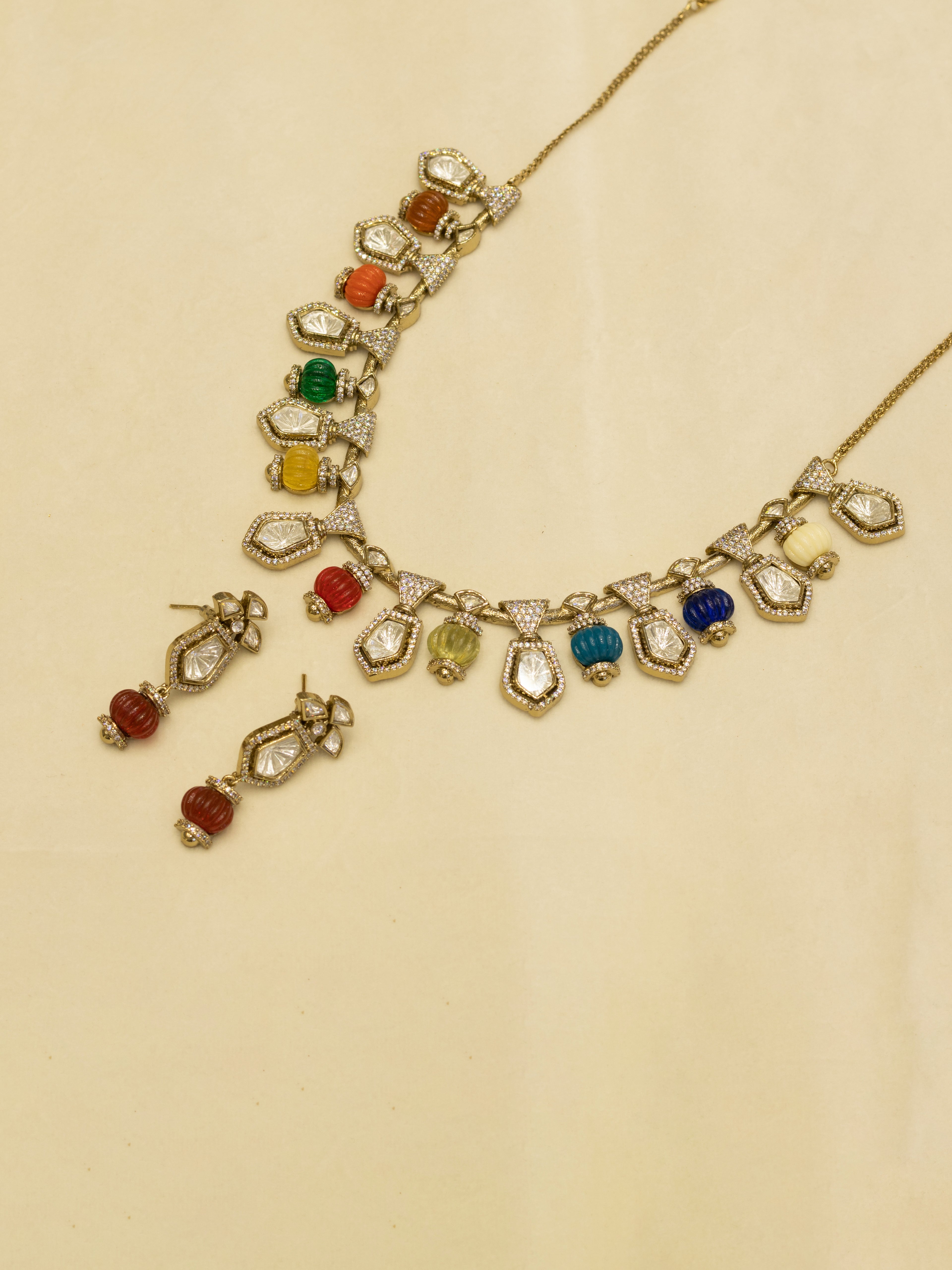 Aanura Gold-Plated Navratna Necklace & Earrings