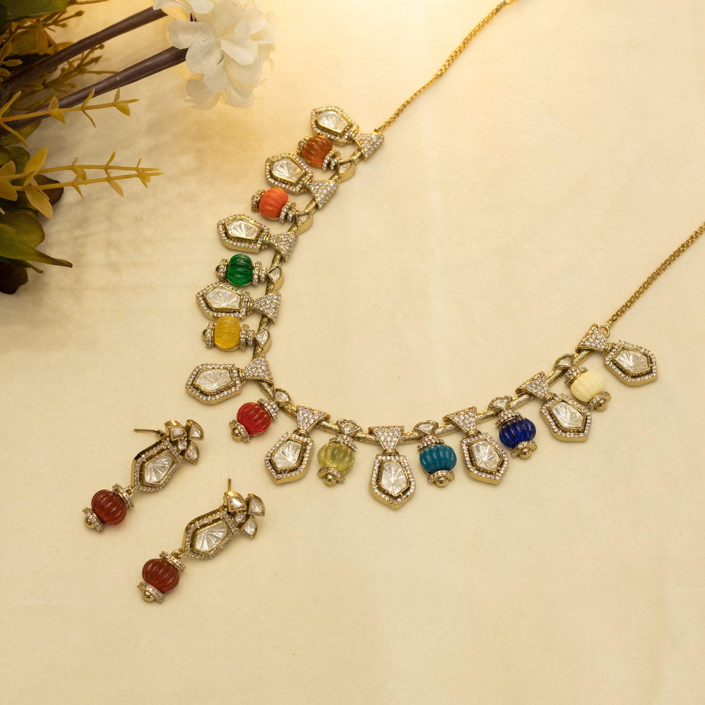 Aanura Silver-Plated Navratna Necklace & Earrings