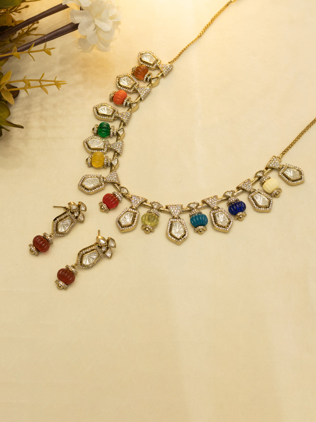 Aanura Gold-Plated Navratna Necklace & Earrings