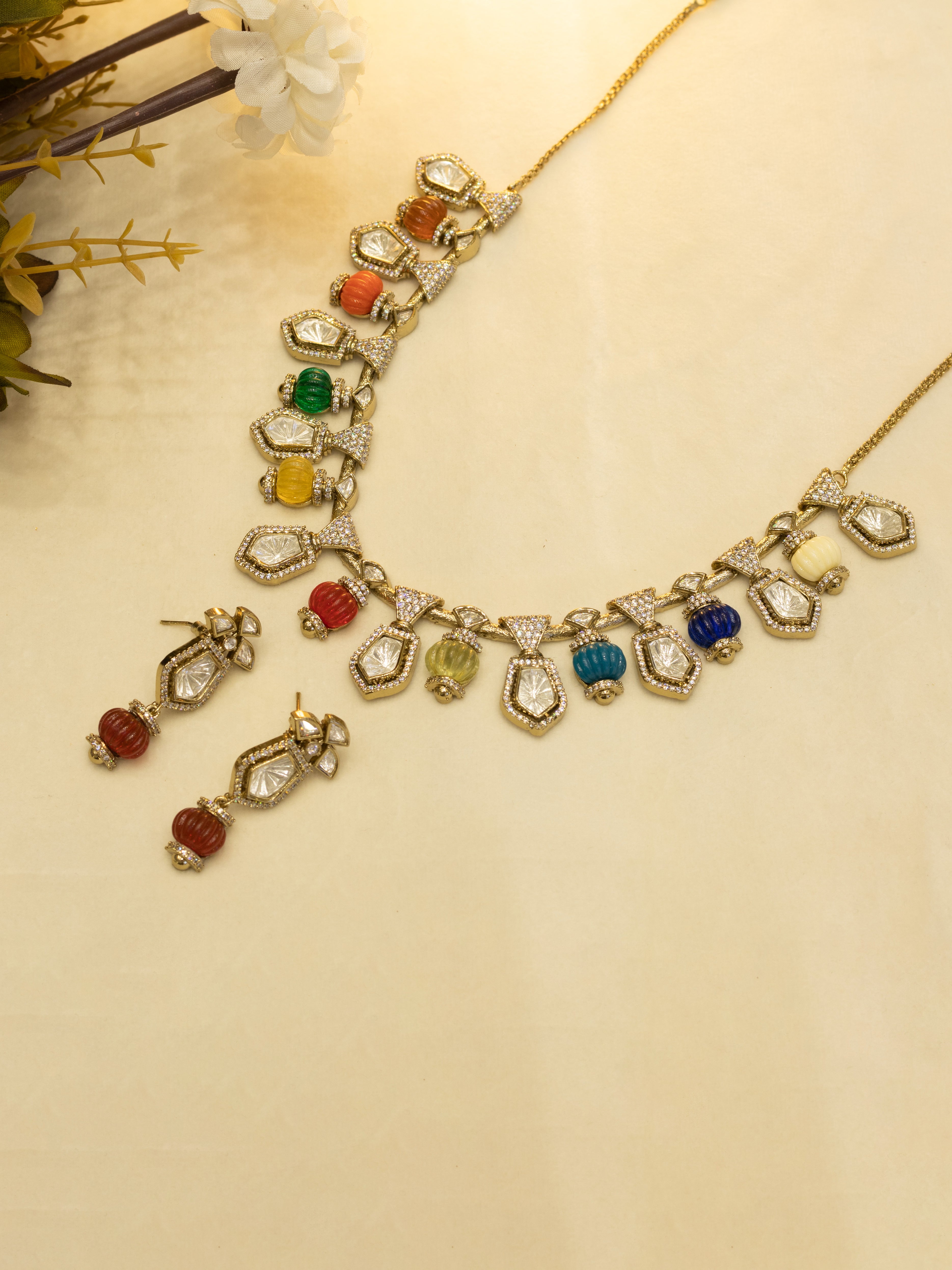 Aanura Gold-Plated Navratna Necklace & Earrings