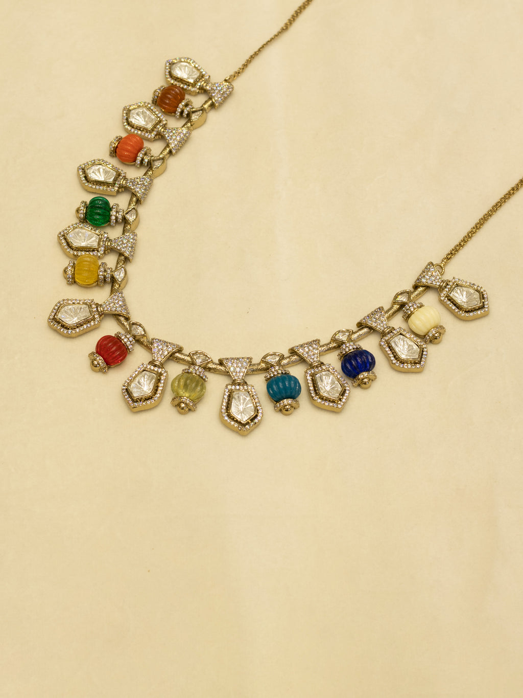 Aanura Gold-Plated Navratna Necklace & Earrings