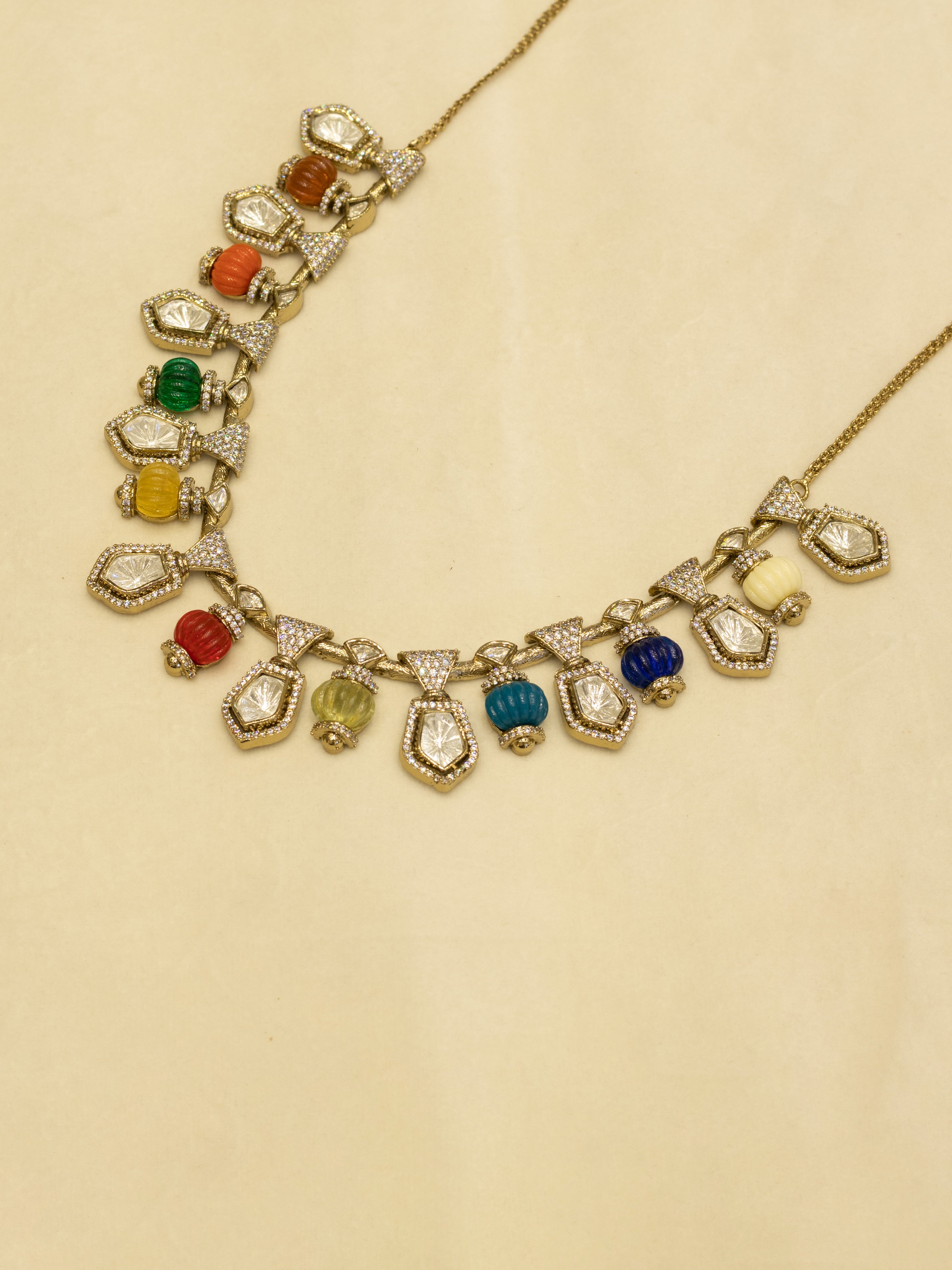 Aanura Gold-Plated Navratna Necklace & Earrings