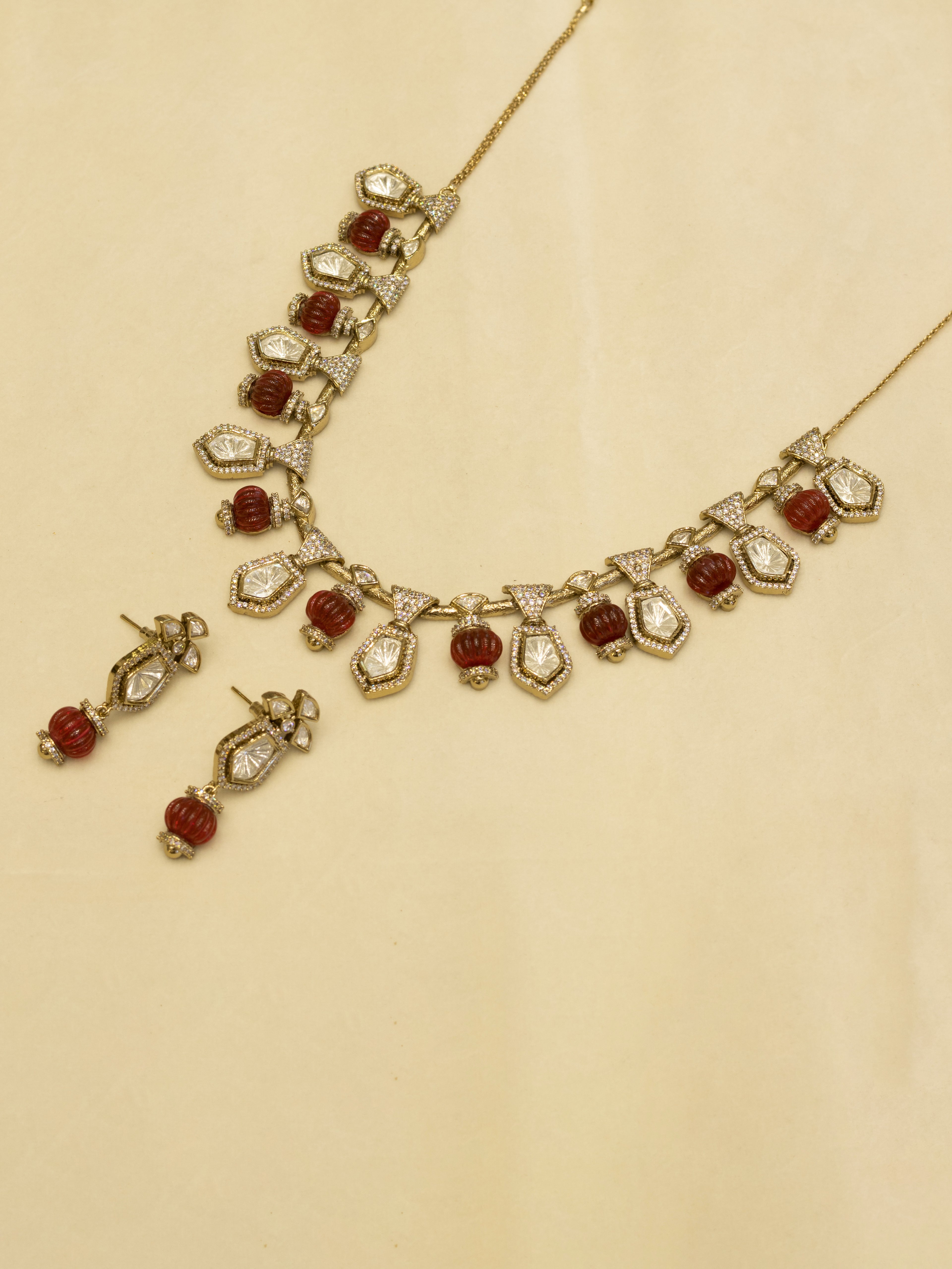 Aanura Gold-Plated Navratna Necklace & Earrings