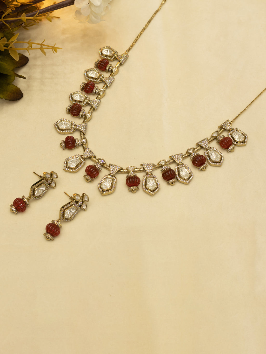 Aanura Gold-Plated Navratna Necklace & Earrings