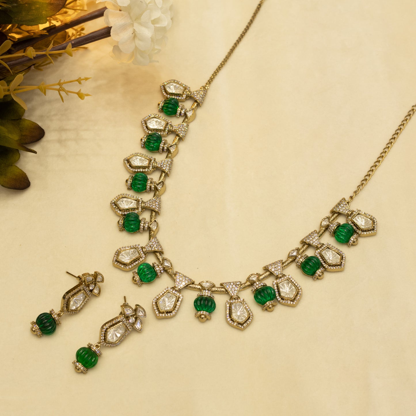 Aanura Silver-Plated Navratna Necklace & Earrings