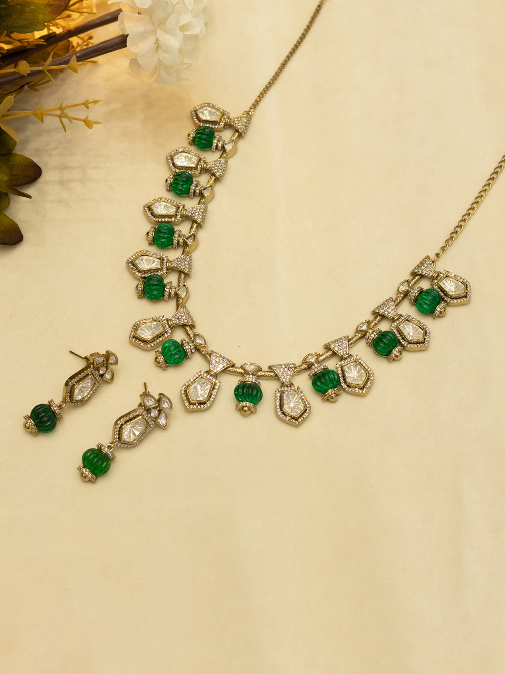 Aanura Gold-Plated Navratna Necklace & Earrings