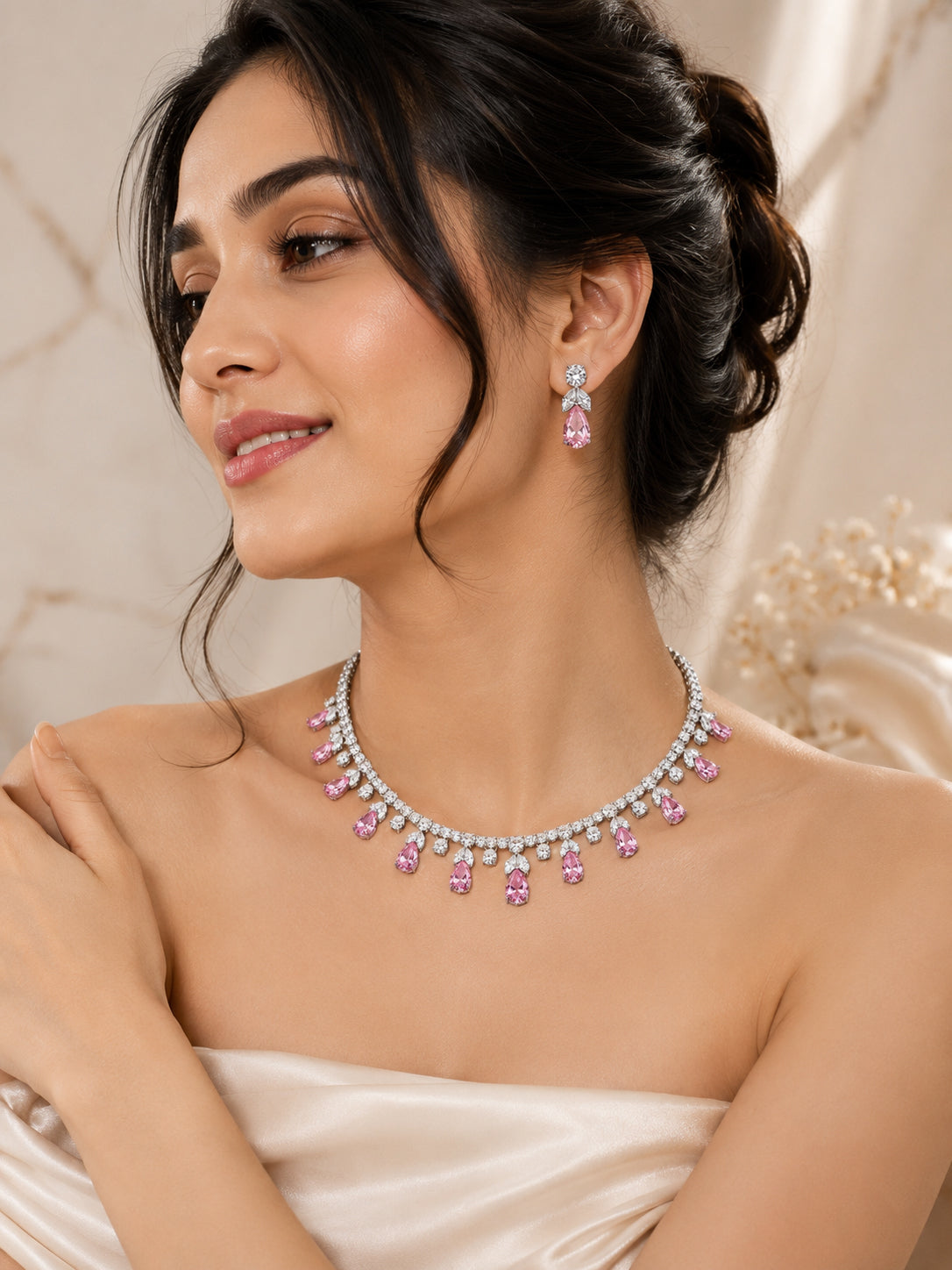 Aanura Purple Teardrop Crystal Necklace Set with Earrings