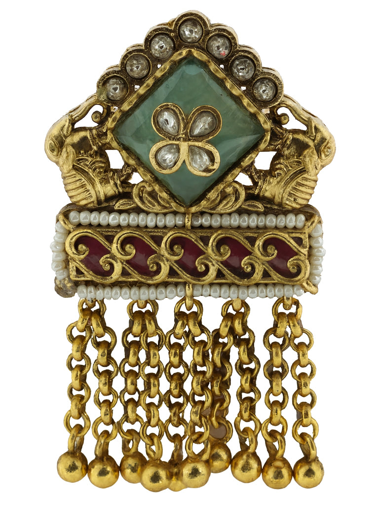 Aanura Gold-Plated Green Kundan Tassel Ring