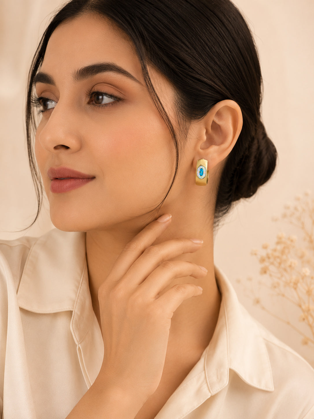 Oval Crystal Hoop Earrings in 18K Gold Plating