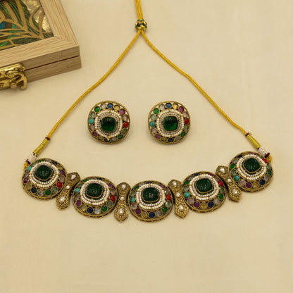 Aanura Navratna Choker Necklace with Green Center Stones