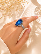Rhodium Plated Blue Crystal Statement Ring