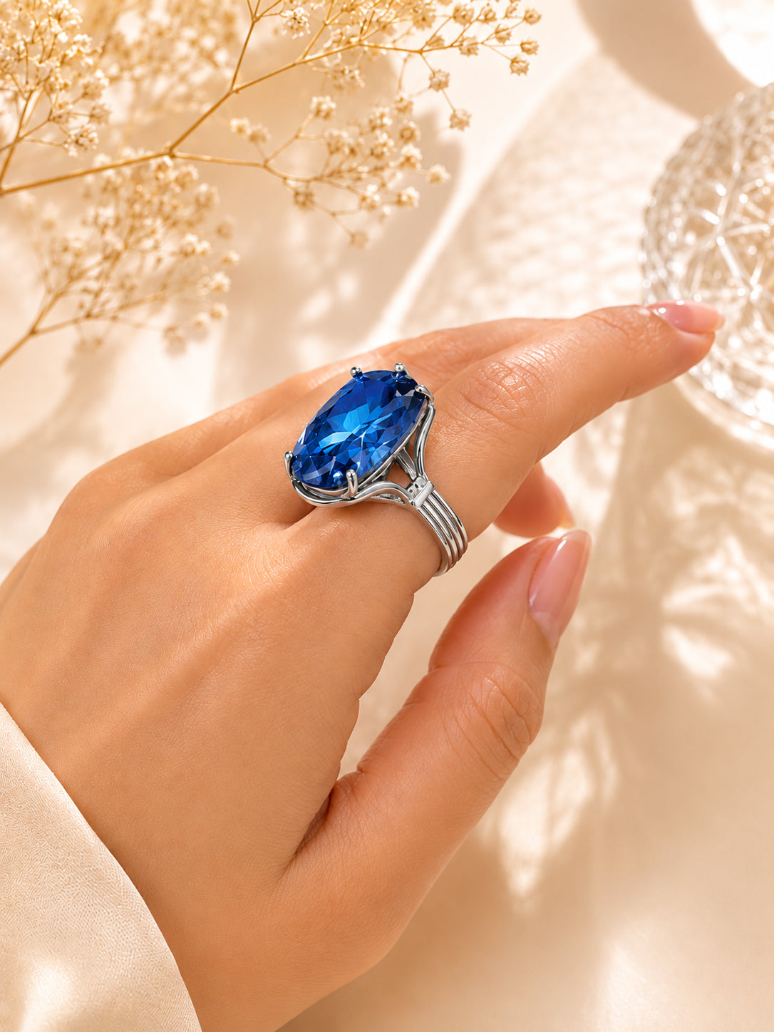 Rhodium Plated Blue Crystal Statement Ring
