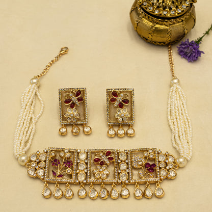 Aanura Floral Panel Choker Necklace Set