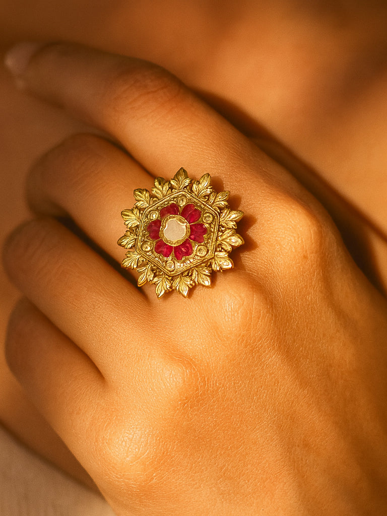 Aanura Gold-Plated Hexagon Green Floral Ring