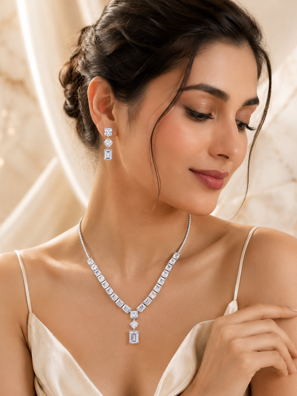 Aanura Emerald-Cut Diamond Necklace Set with Earrings