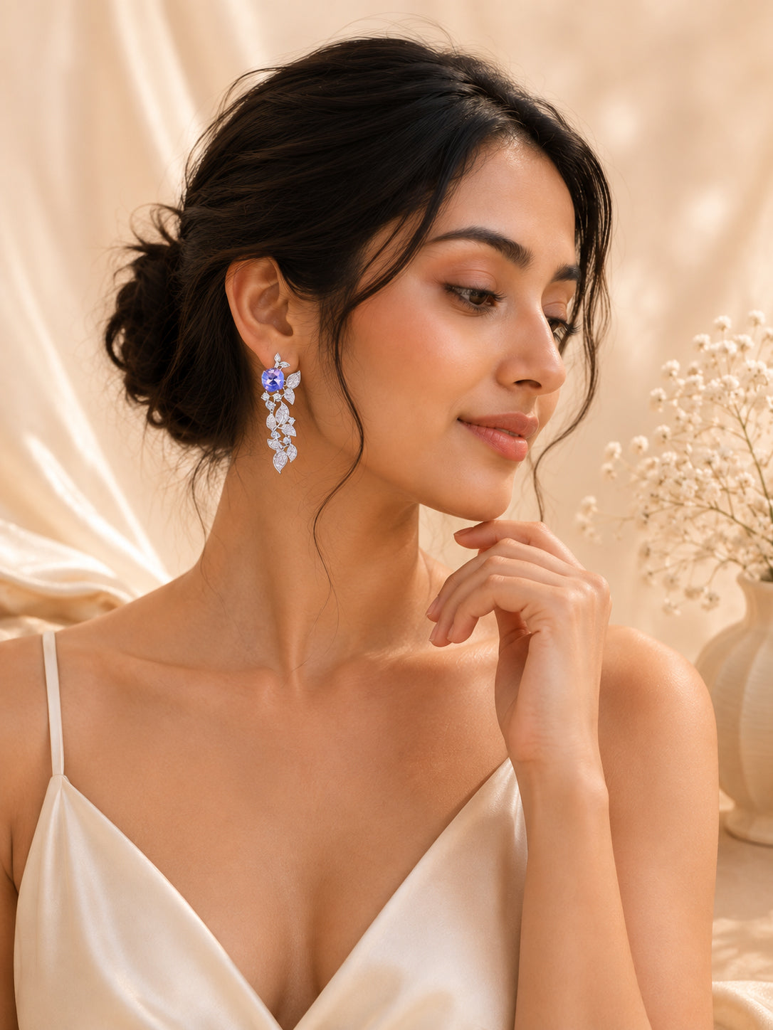 Aanura Blue Sapphire Leaf Cascade Earrings